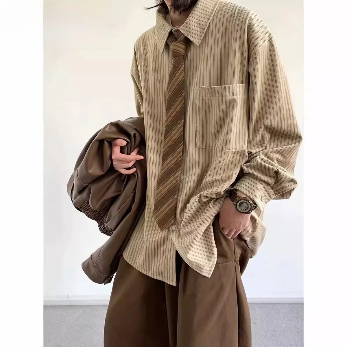 Retro Japanese Style Corduroy Long Sleeve Shirt Loose Casual Spring Autumn Unisex College Style Striped Patterned Set