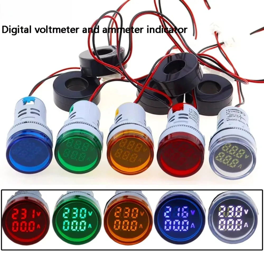 Amperímetro Digital voltaje, voltímetro redondo LED doble pantalla, 22mm, 60-500V, amperímetro, indicador corriente