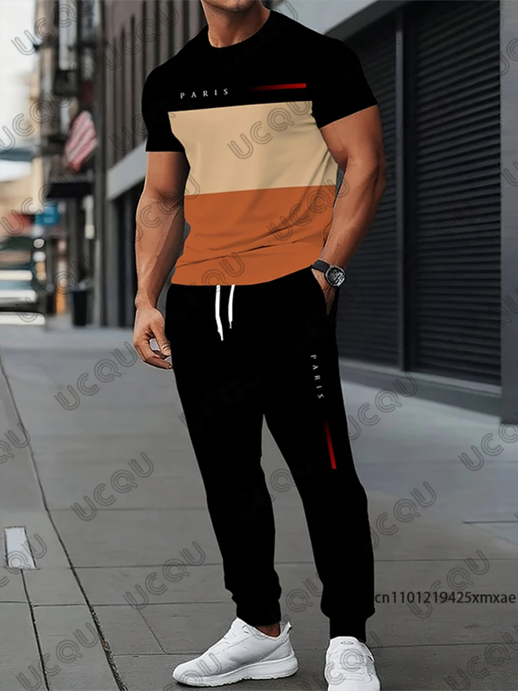 Pantaloni da uomo Tuta Set da 2 pezzi Parigi Color Block Stampa Autunno Jogger Sport T-shirt a maniche corte + Pantaloni lunghi Abbigliamento casual