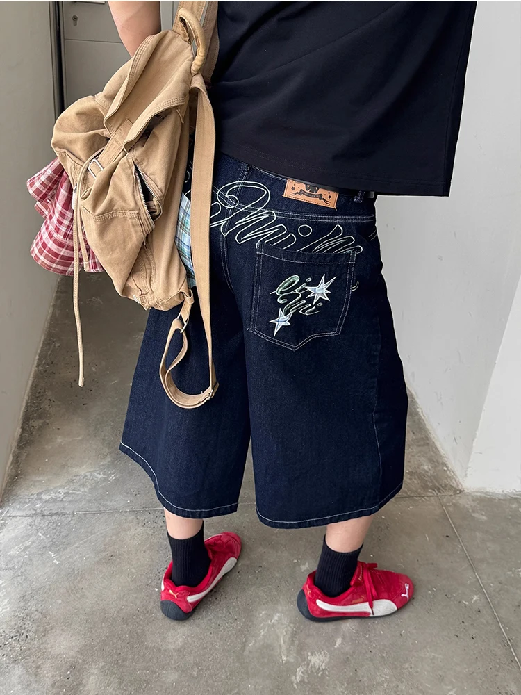 

Ретро-джинсы в американском стиле с вышивкой, летние, унисекс, с клетчатым узором, свободные, широкие штанины