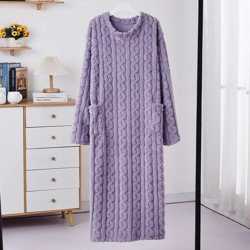 

Winter Long Sleeve Double Pocket Flannel Nightgowns Women Loose Solid Sleepwear Jacquard Night Dress Thickened Warm Nightdress