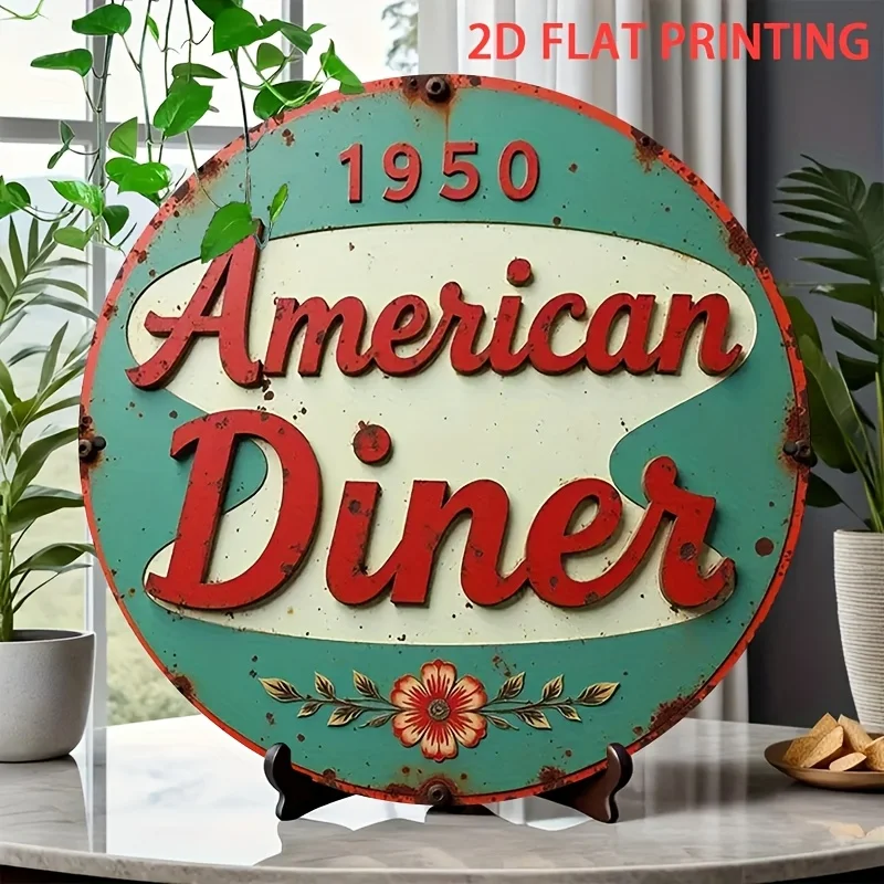 2D Flat, Vintage 1950s American Diner Wall Sign - Round Wrought Iron Rustic Decor with HD 2D Printed Retro Design, 20.32 cm Door