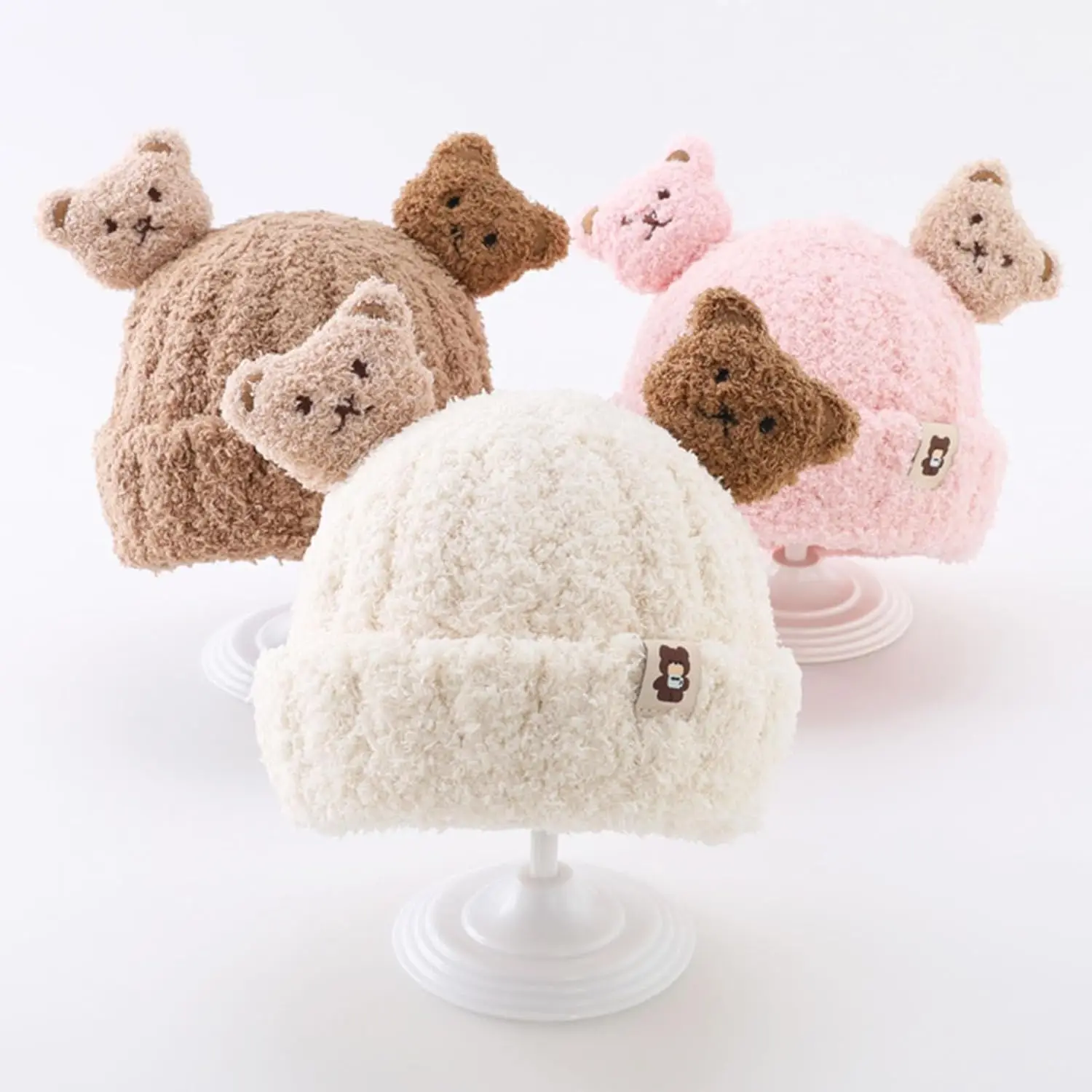 ベビー冬用帽子とスカーフセット、カートンベアの装飾、厚手の柔らかいぬいぐるみ、防寒ニット、ユニセックスネックラップ、子供用冬用アクセサリー