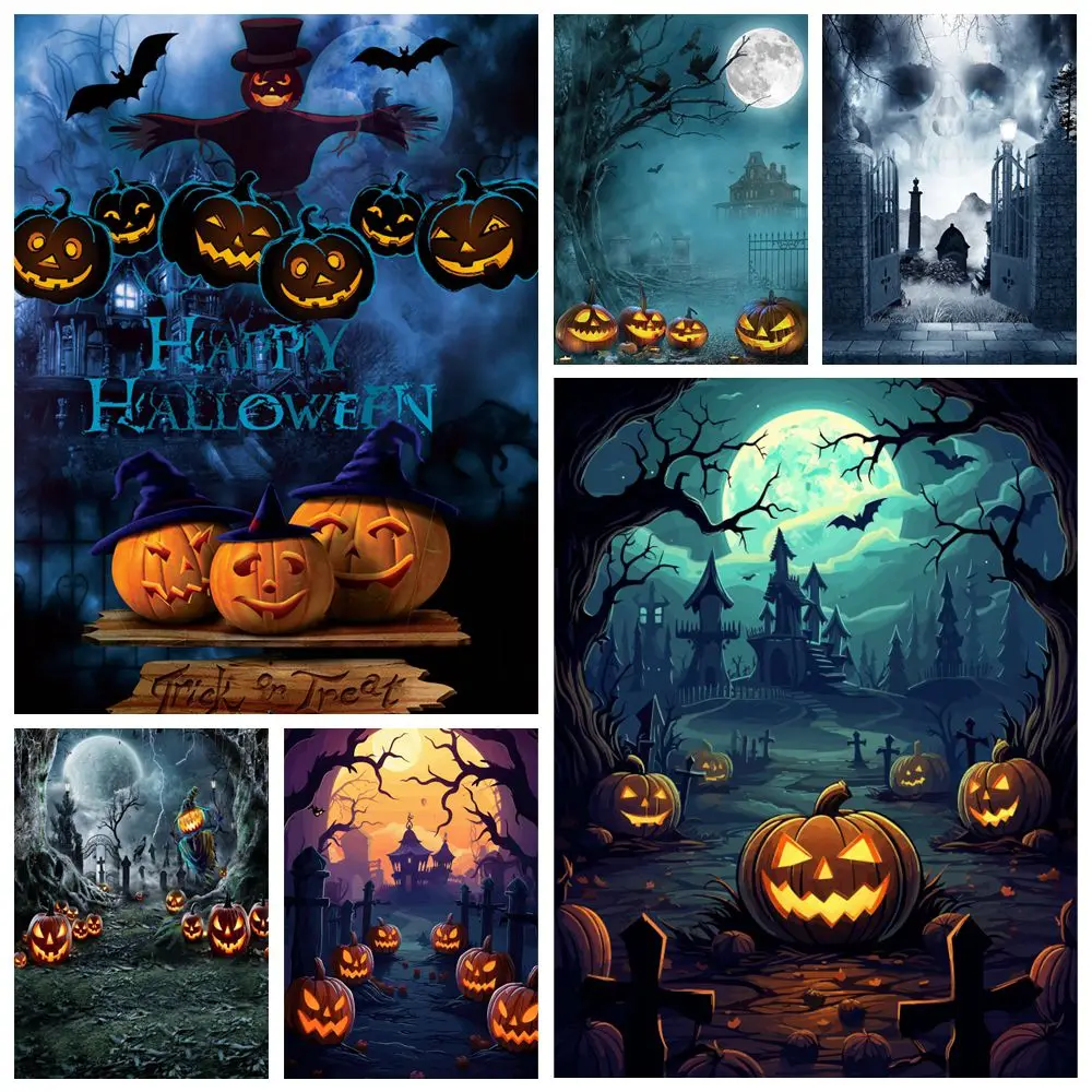 

Happy Halloween Backdrop Night Moon Pumpkin Lantern Horror Skull Castle Birthday Party Kids Baby Portrait Photography Background