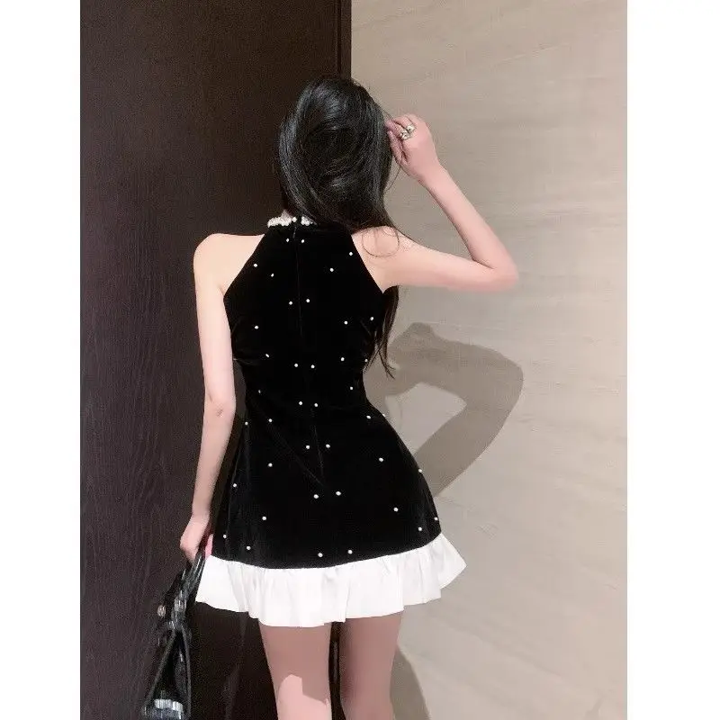 Black Bowknot Halter Neck Loose Dress for Women Spring Summer A-Line Dress with Beaded Elegant Evening Dress
