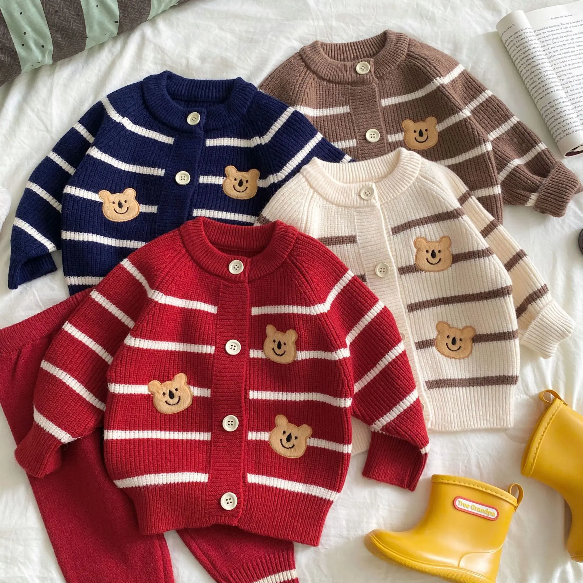 Korean Version Autumn and Winter Teddy Bear Embroidered Sweater Set Baby Boy Handsome Striped Cardigan New Versatile 2 Piece Set