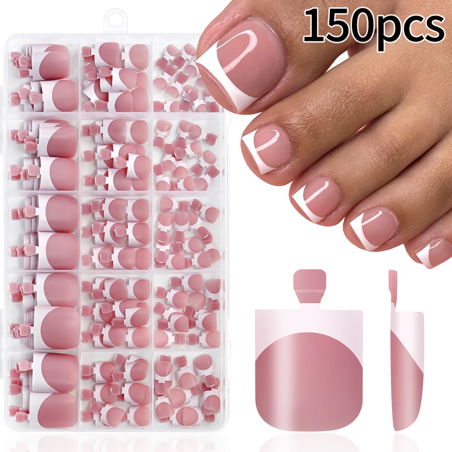150 Stück halbtransparente, matte, französische Kunst-Zehennägel, kurze, quadratische, weiße Kanten, zum Aufkleben, Sommer, vollständige Abdeckung, falsche Fußnägel