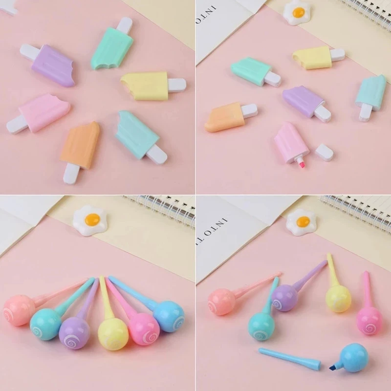 6pcs Creative Mini Cat Paw Ice Cream Highlighter Student Art Painting Graffiti Marker Pen School Gift Kawaii Stationery Supplies