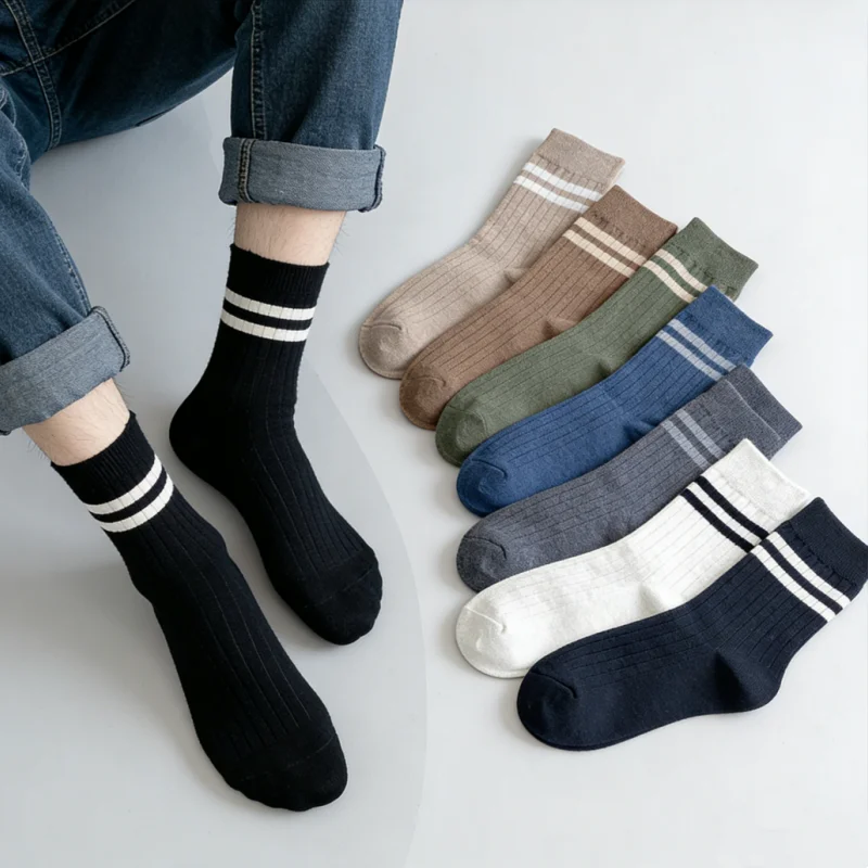 1 Pair Men's Ribbed Two Stripe Crew Socks Cotton Soft Breathable Preppy Casual Mid-Calf Socks EU 39-44 US 6-12