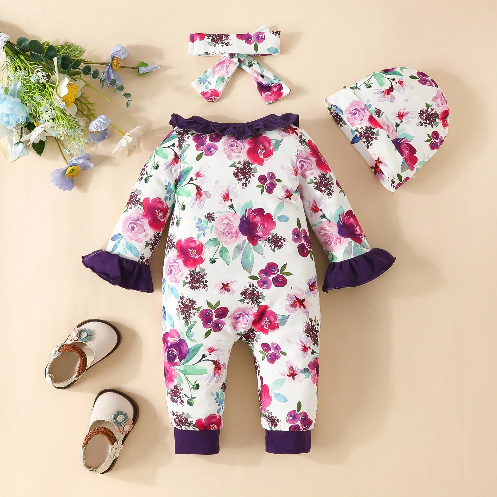 Infant Baby Girls 3 Piece Outfits Floral Long Sleeves Ruffle Rompers and Headband+Hat Clothes for Toddler Infant 0 to 18 Months