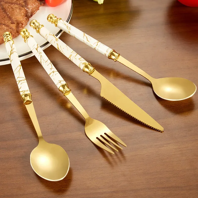 24 Pieces High-Grade Stainless Steel Western Tableware Steak Knife Fork Spoon Set Knife Holder European Handle