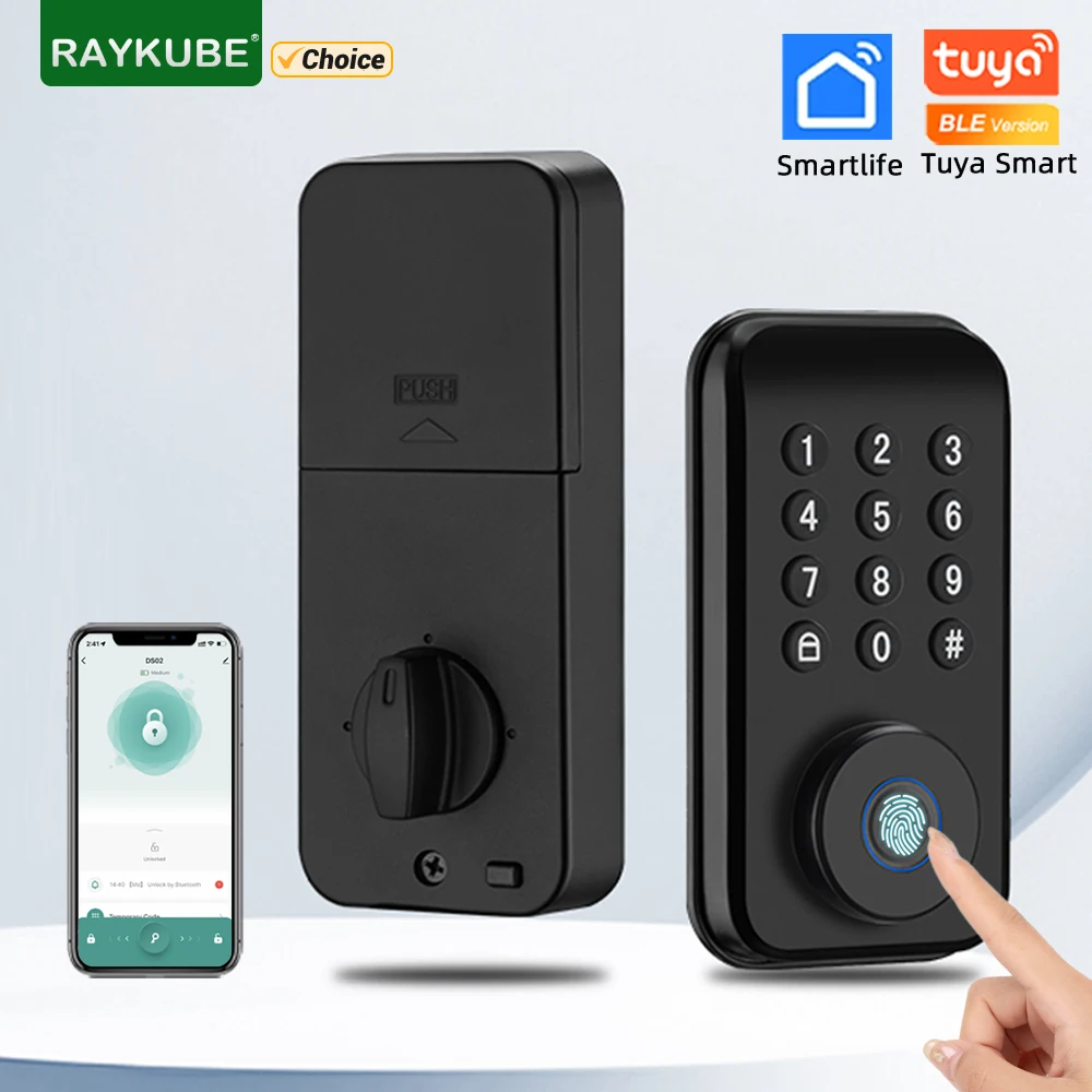 RAYKUBE DS02 Tuya Smart Fingerprint Deadbolt Lock with Latch/Door Sensor Auto Lock Key/Password/ Tuya Smartlife APP Unlock