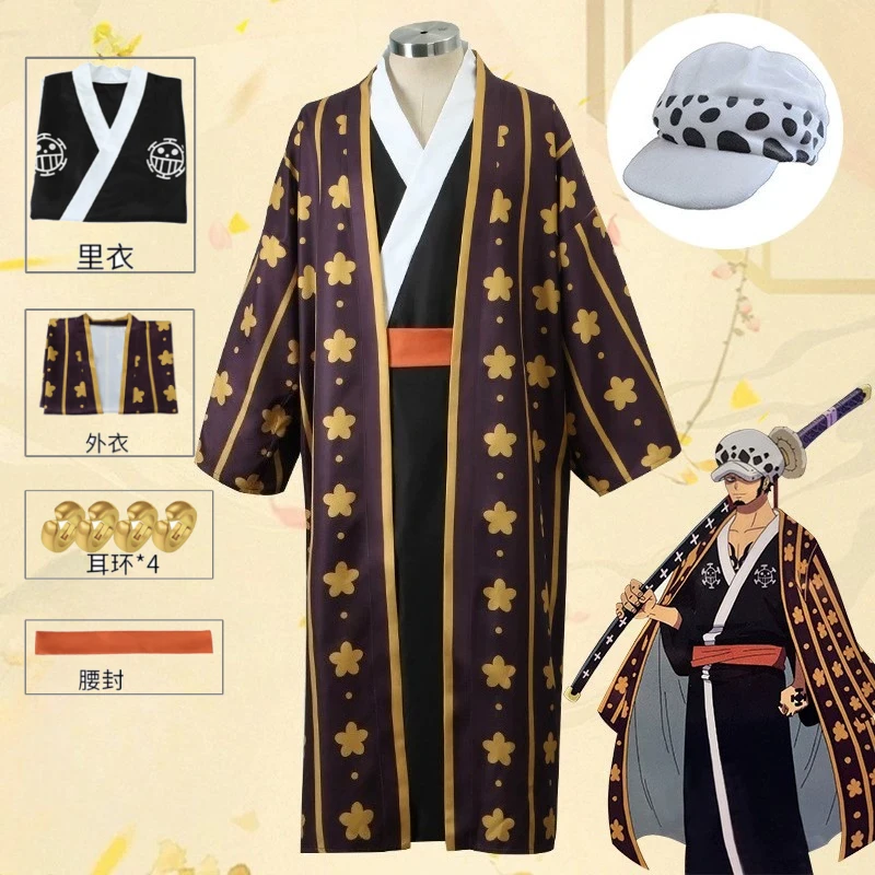 

Surgeon of Death Trafalgar Law Cosplay Costume Wano Arc Japanese Yukata Full Set with Sword Prop for Men Cosplay Party