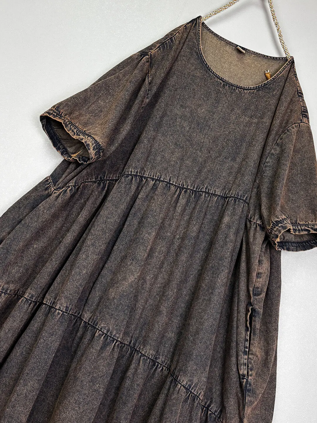 Washed Distressed Denim Short-sleeve Dress Women Loose Casual Large Hem Dress LX5788 - Image 3