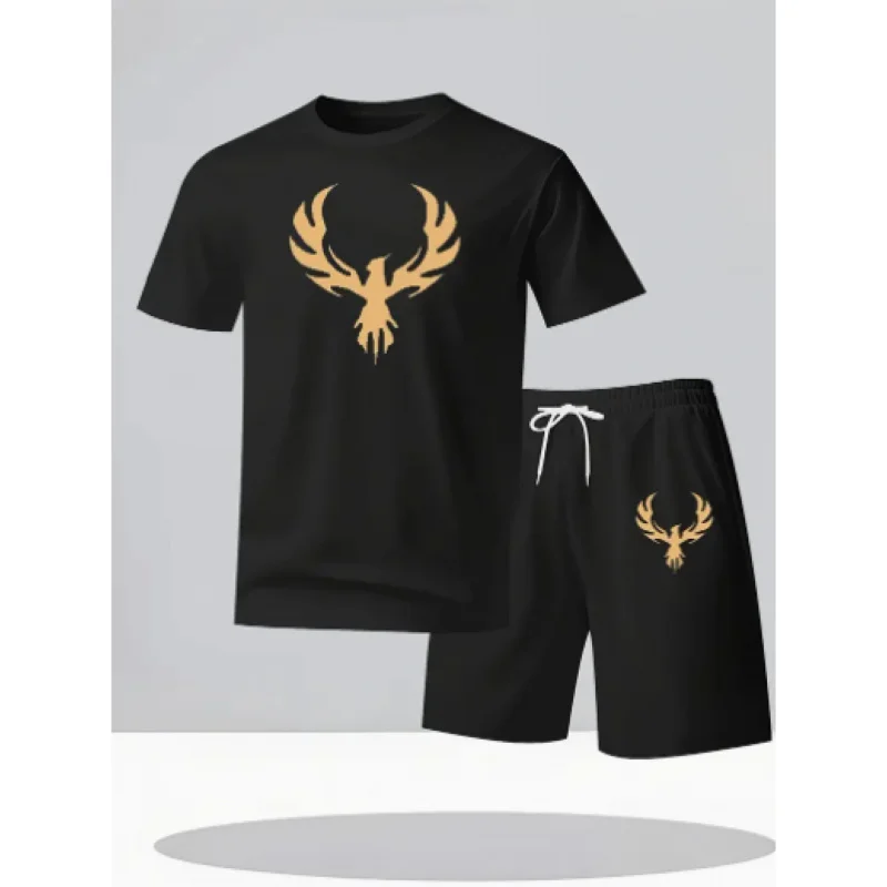 

2026Essential men's set for the year：Random print micro-elastic fabricTShirt+Simple five-point shorts