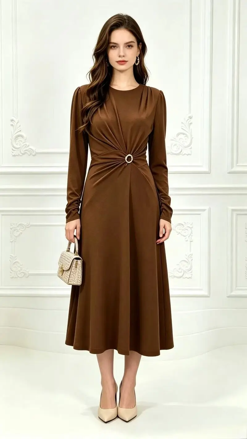 3XL 2XL Party Elegant Long Dress 2026 Autumn Winter Fashion Design Women Ring Deco Long Sleeve Black Khaki Pleated Dress Luxury