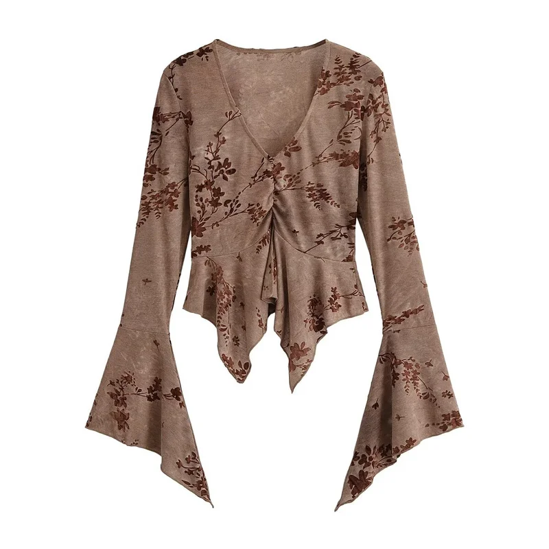 Women Flocked Floral Top V Neck Long Sleeve Ruched Blouse Boho Romantic Irregular Hem Bell Sleeve Shirt Y2K Artistic Tee