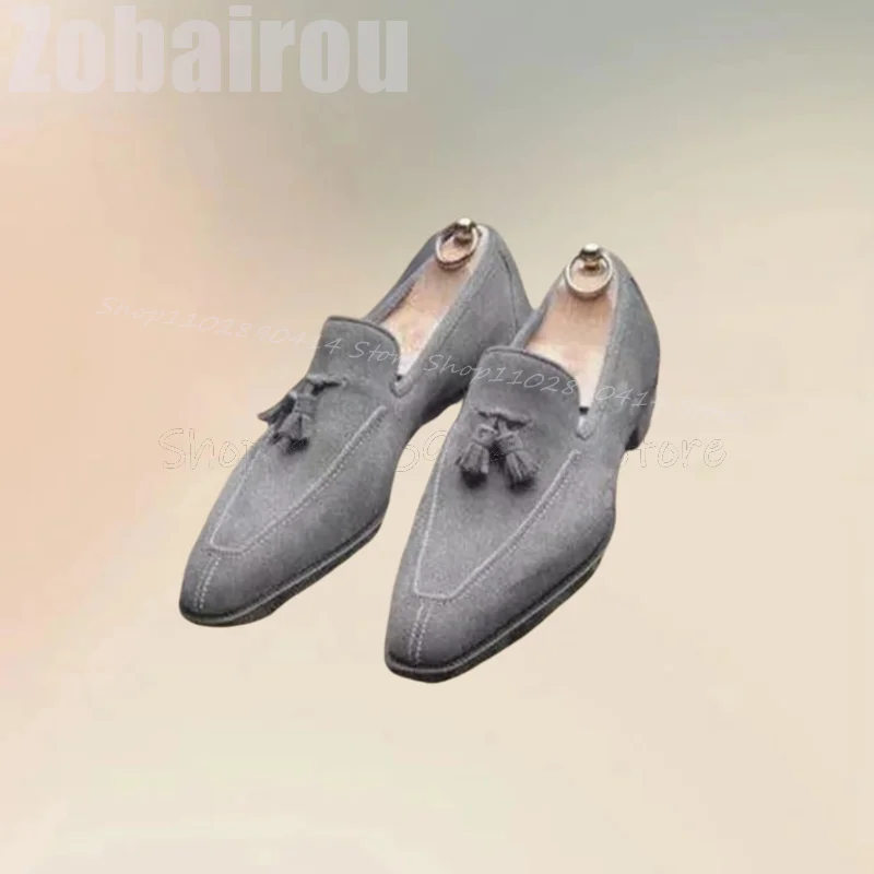 

Gray Sewing Design Tassels Decor Square Toe Loafers Fashion Slip On Men Shoes Luxurious Handmade Party Banquet Men Casual Shoes