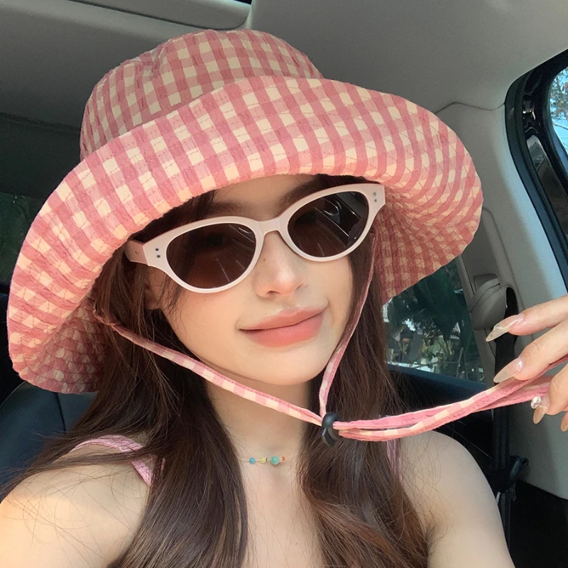 Vintage Pink Plaid Strap Bucket Hat Spring and Summer Korean Ins Fashionable Versatile Big Brim Sun Protection Bow Women's Caps view 4