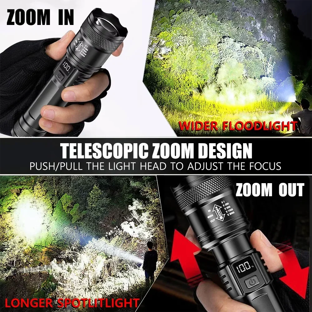 Hochstarke LED-Taschenlampen, 2000 lm, taktische Taschenlampe mit Display-Licht, USB-Aufladung, Camping, Angeln, Notfall-Zoom-Laterne