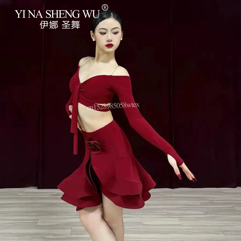 New Latin Dance Top Skirt Set Girls Cha Cha Samba Performance Competition Costumes Long SLeeves Top Skirt Burgundy Dress 2colors