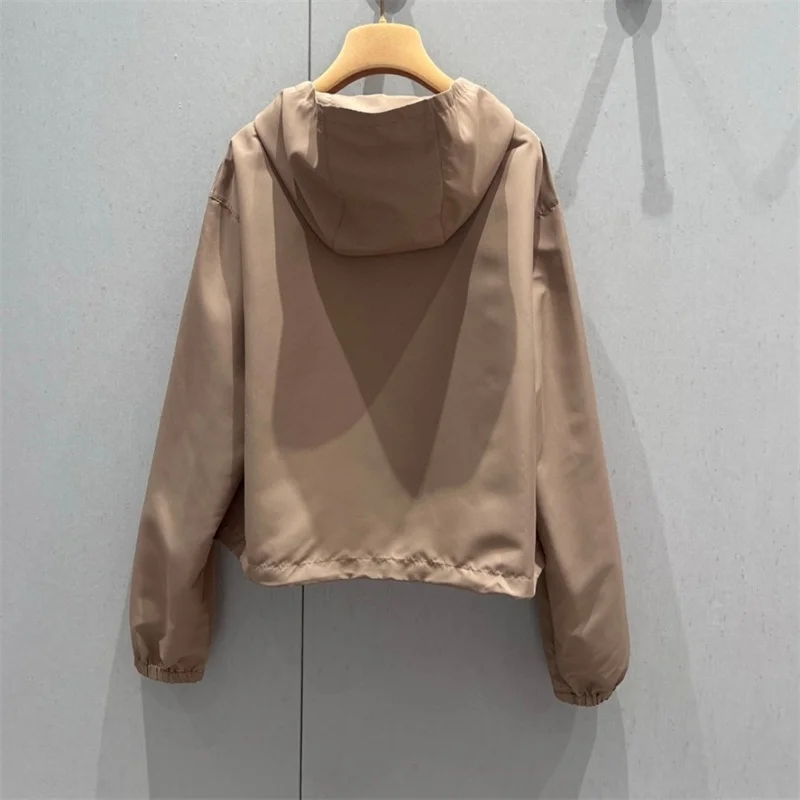 Women Coats Jackets 2025 Early Spring New U111234 Khaki Colour Hooded Pocket Drawstring Slim Short Thin Coat Jacket