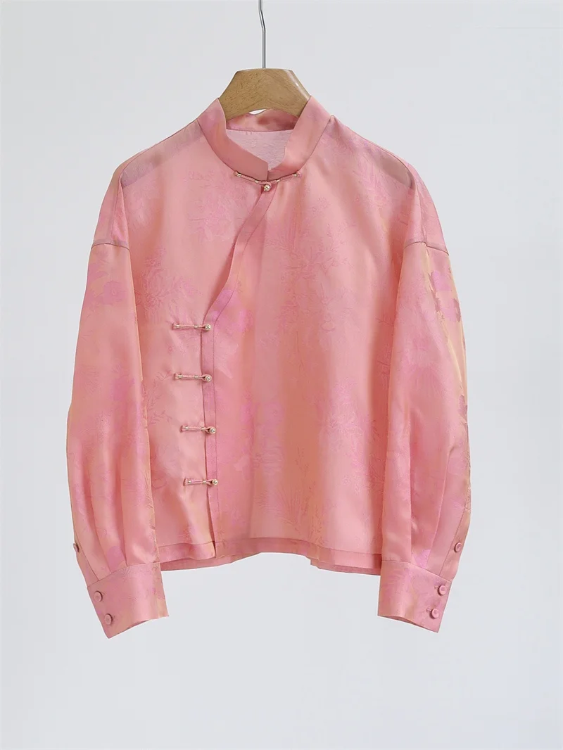 

Heavyweight Embroidered Silk New Chinese Style Women's Shirt National Style Oblique Sleeve White Reducing Age Powder Blue Shirt