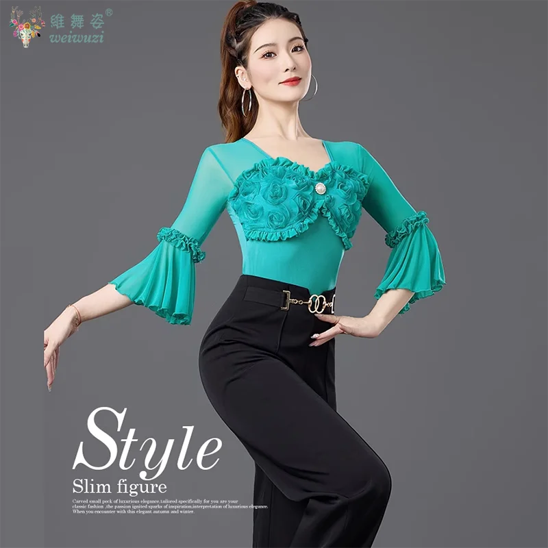 Latin Danskostuum Vrouwen Lange Mouwen Jumpsuit Top Ballroom Dans Cha Samba Rumba Competitie Kleding Praktijk Eendelige Slijtage