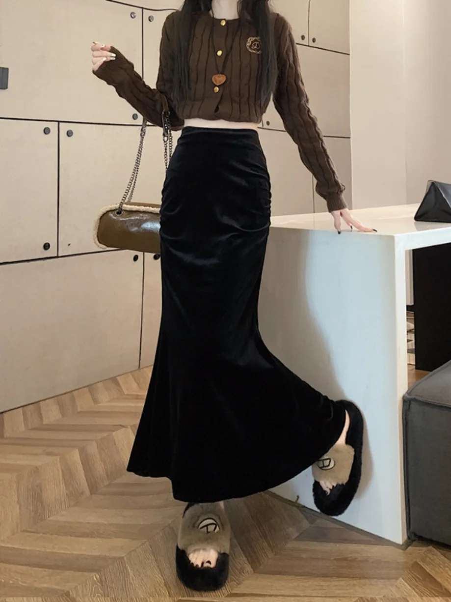 

Gold Velvet Mid-Length A-Line Skirt Women's Autumn Winter New Sle Fi Tail Bodycon Skirt High Waist f Body Skirt