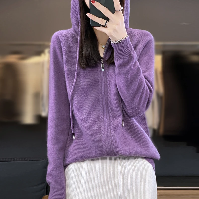 Autumn and Winter New Cashmere Sweater Women\'s Hooded Collar Zipper Cardigan 100% Merino Wool Knitted Coat Fashion Korean Top