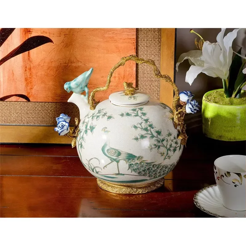 Ceramic Gourd Vase with Beaded Brass Bouquet Set Modern Tabletop Decor for Hotel Restaurant Home Interior Design Furniture