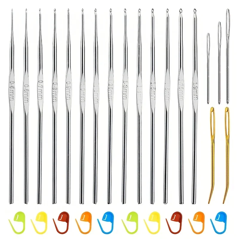 Häkelnadel (0,5-1,9 mm), Häkelnadel-Set mit Großeinsatz-Garnnadeln und Markierclips, (Zufällige Farbe)