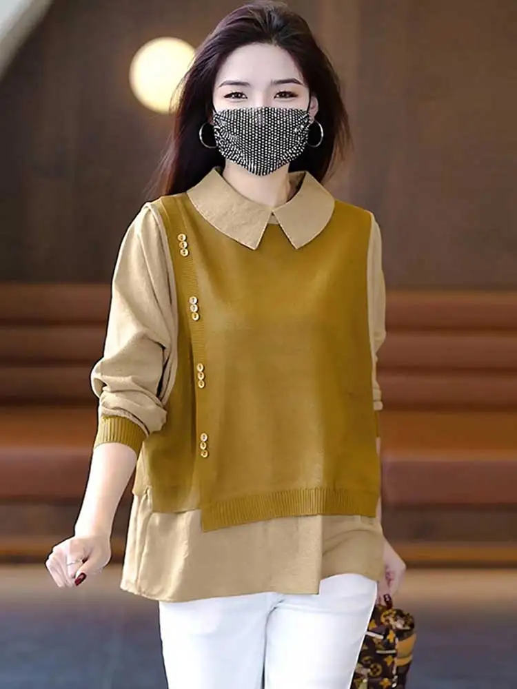 

Slimming Large Size Maternity Shirt Women's Summer Fashion Top Cover Belly Fake Two-Piece Shirt Elegant Autumn Top