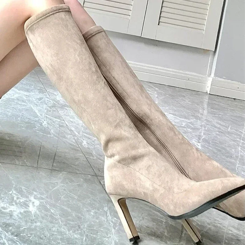 Stivali a calzino elasticizzati da donna con tacco alto a punta scarpe da ballo eleganti di moda stivaletti lunghi moderni da donna autunnali