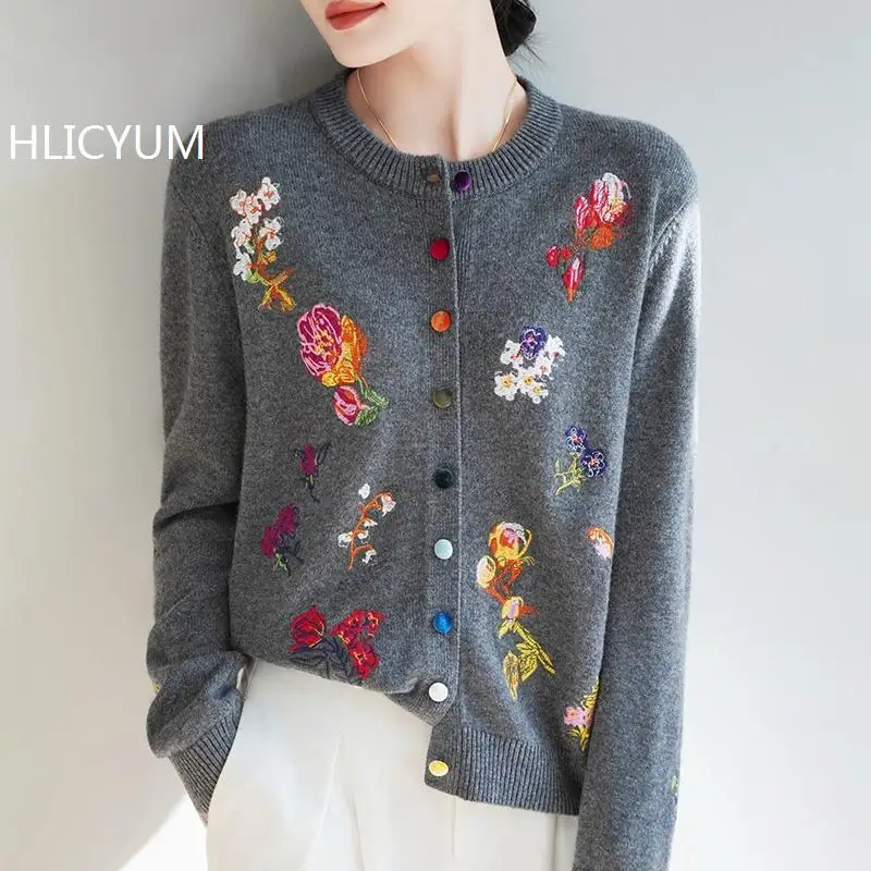 Women 100% Wool Cardigans Sweater Solid embroidery Casual Warm Outerwear Knitwear Tops 2024 Autumn Winter Women Clothing Gray