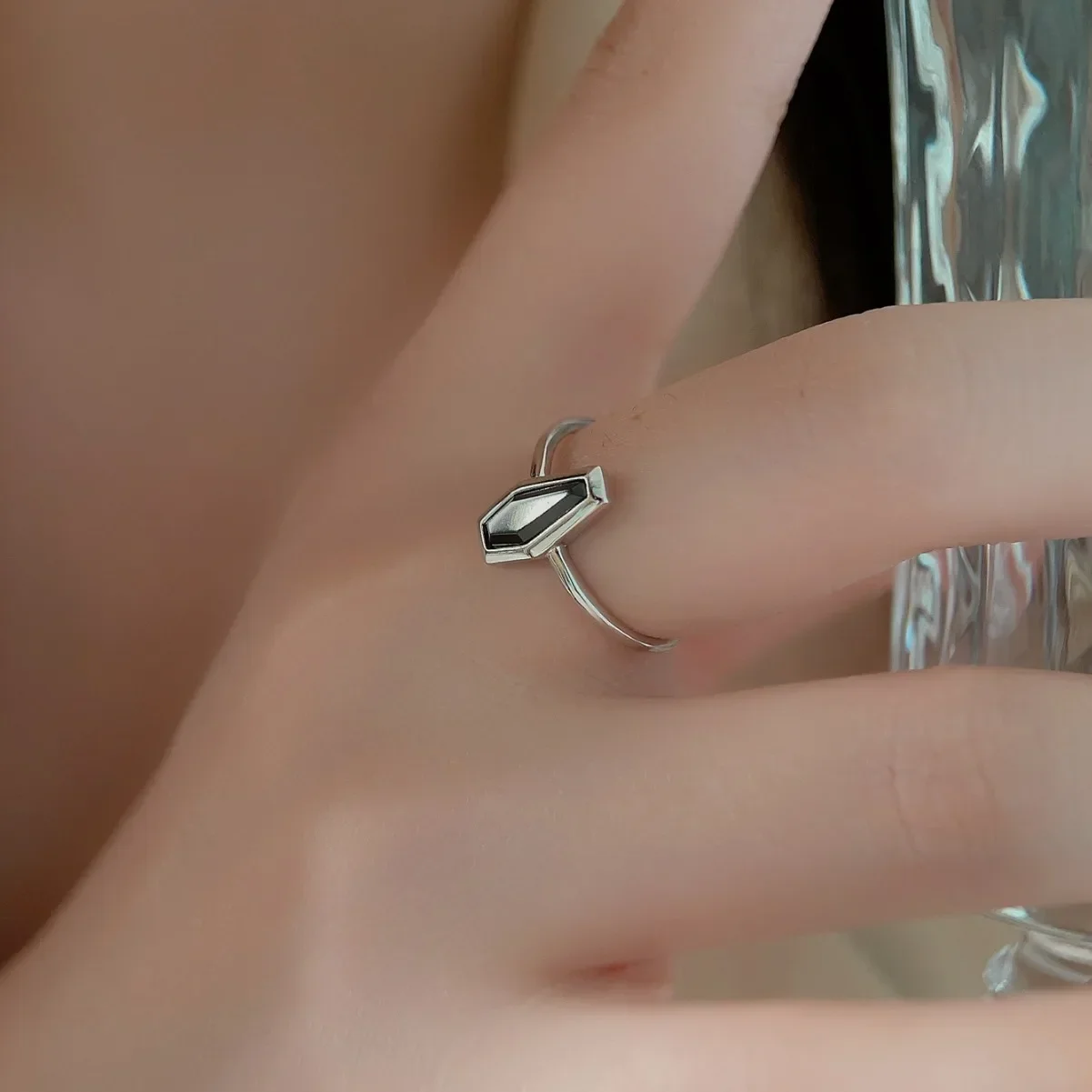 Unisex 925 Sterling Silver Black Agate Coffin Ring, Unique Style