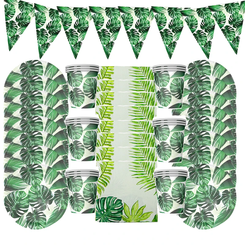 Hawaiian Party Decor Palm Leaves Bunting Banner Paper Plates Cup Napkins Disposable Tableware Set Summer Tropical Party Supplies