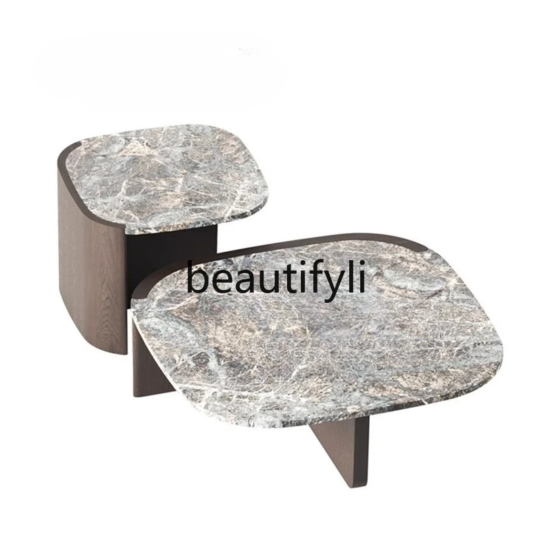 

Personalized Italian natural marble coffee table household light luxury special-shaped solid wood coffee table combination