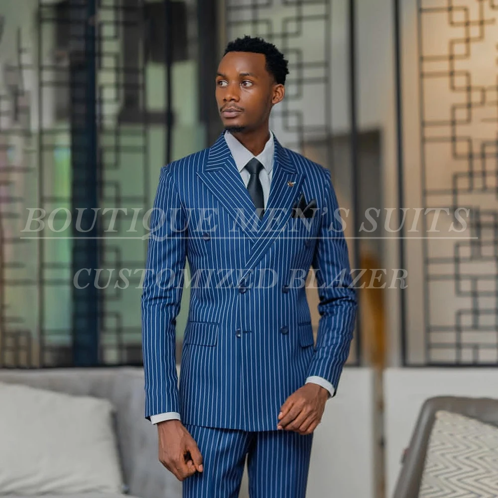 Abiti da uomo gessati personalizzati Abiti formali doppiopetto con risvolto a punta Slim Fit Abbigliamento maschile Set di pantaloni da giacca in 2 pezzi di alta qualità