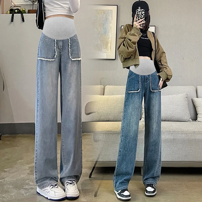 9519# Wide Leg Loose Straight Denim Maternity Long Jeans 2024 Autumn Casual Belly Pants Clothes For Pregnant Women Pregnancy