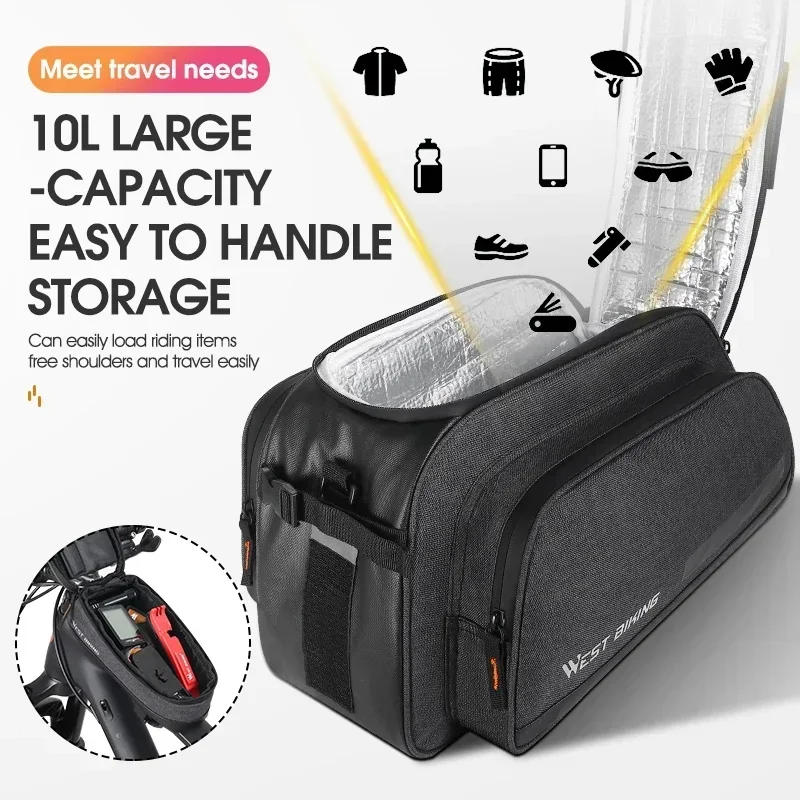 WEST BIKING-bolsa para bicicleta 2 en 1, bolsa para maletero aislada de gran capacidad de 10L + bolsa para teléfono con pantalla táctil de 1,5 l, alforja para ciclismo de montaña