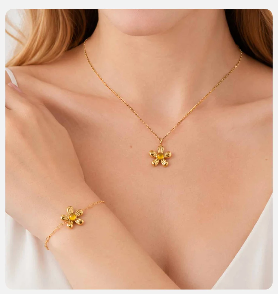 VNOX Minimalistisches 18K vergoldetes Blumenarmband für Frauen, trendiges gelbes Kristall-Blumenkettenarmband, Boho-Ästhetik-Schmuck – Detail 2