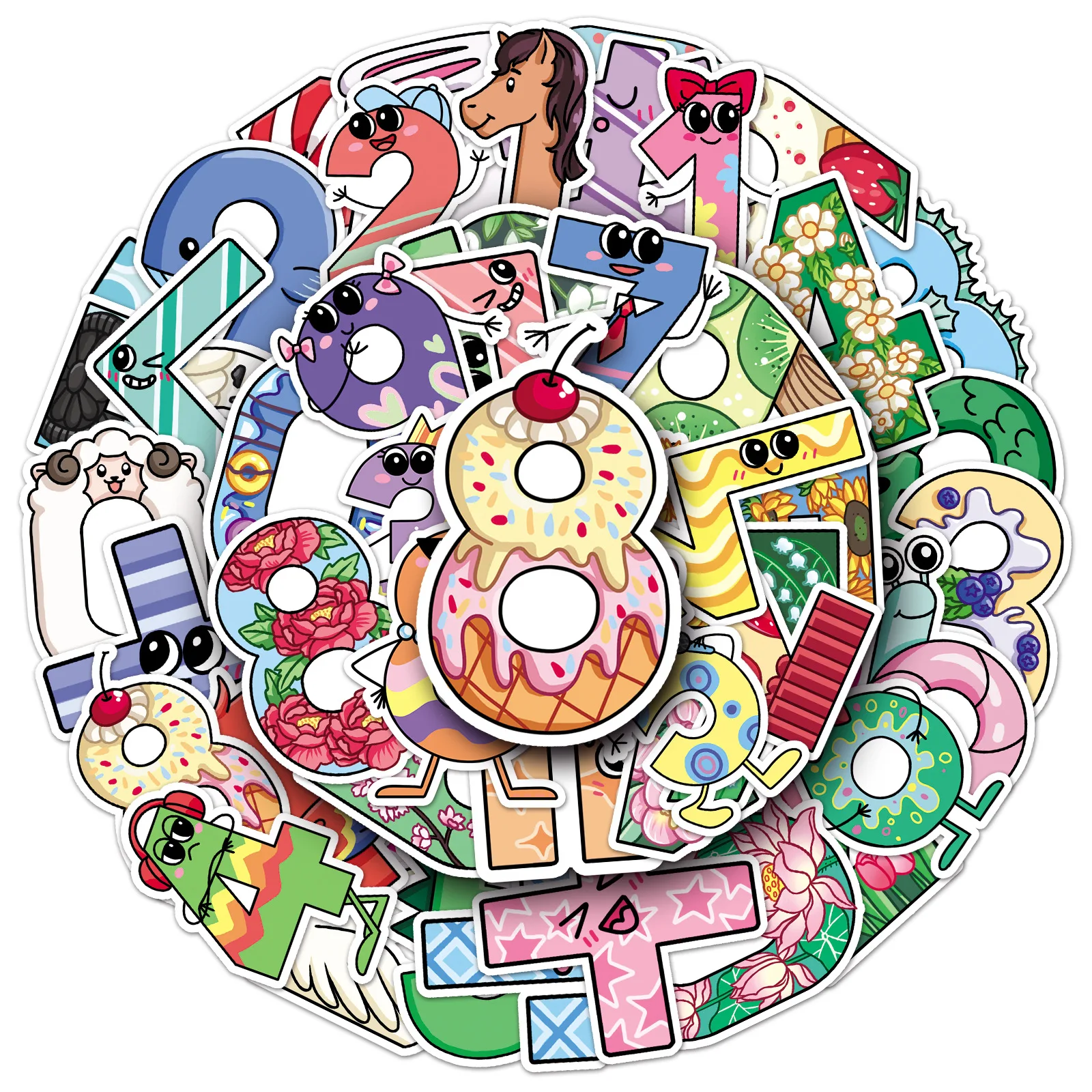 50PCS Cartoon Number Sticker Handbook Material MEME Can DIY Real Water Cup Laptop Phone Case iPad Waterproof Sticker Kids Toy
