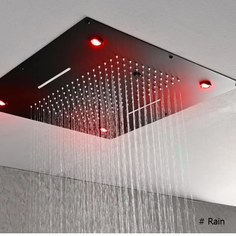 Big Size Ceiling Mounted Square Rainfall LED Shower Head Overhead Sprayer Rain Shower Head with LED