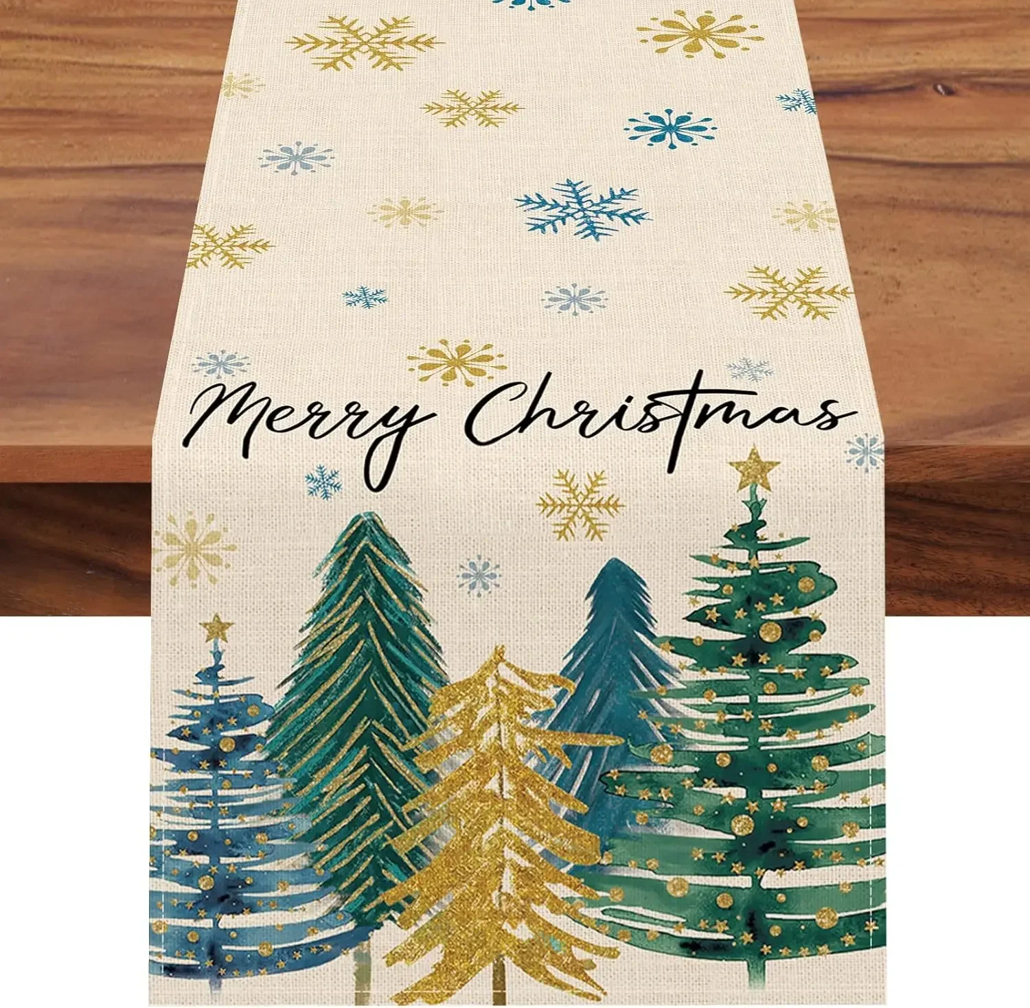 

Christmas Blue Gold Snowflakes Linen Table Runner Dresser Scarf Decor Washable Kitchen Dining Table Runners Christmas Decoration
