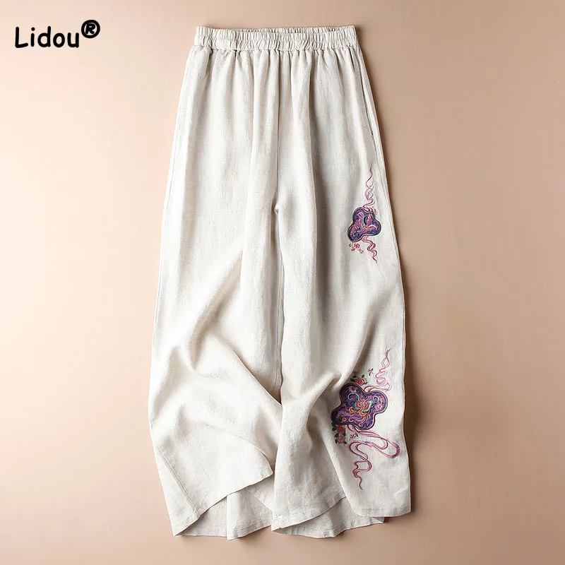 

Casual All-match Solid Color Elastic Waist Embroidery Pants Summer New Women's Clothing Vintage Loose Wide Leg Cropped Pants