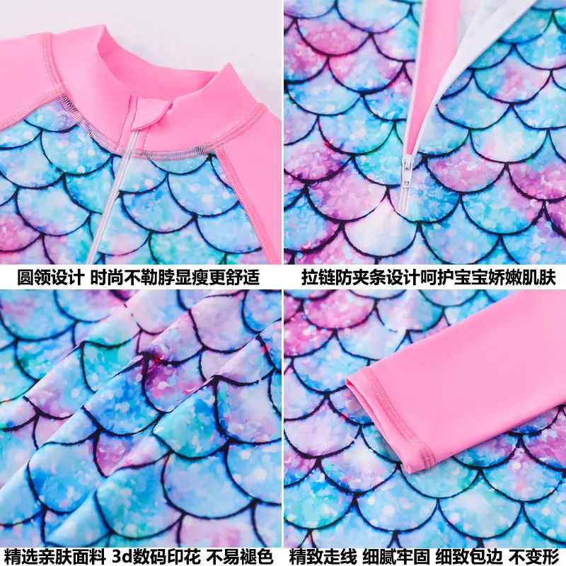 Girls One-piece Mermaid Swimsuit Long Sleeve Sunscreen Kids Surfing Swimwear Bikini Bathing Suits Vacation  Fish Scale Beachwear