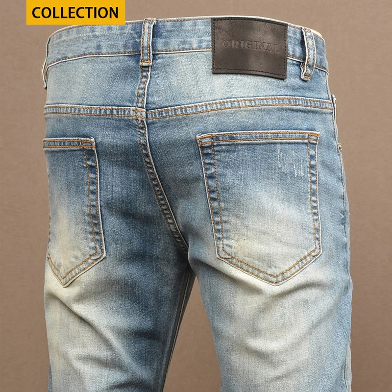 

Fashionable new men's jeans with painted scratches, washed with water, nostalgic stretch, slim fit, retro blue jeans, high-quali