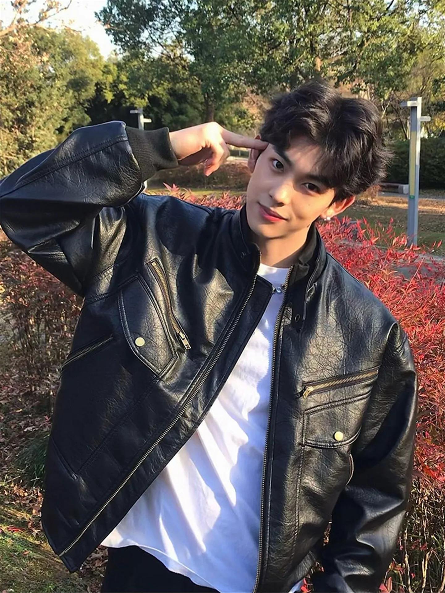 

Retro American PU Leather Motorcycle Jaet ort ex Cleanfit Patchwork Workwear Zipper Couple's Jaet Youth Trend