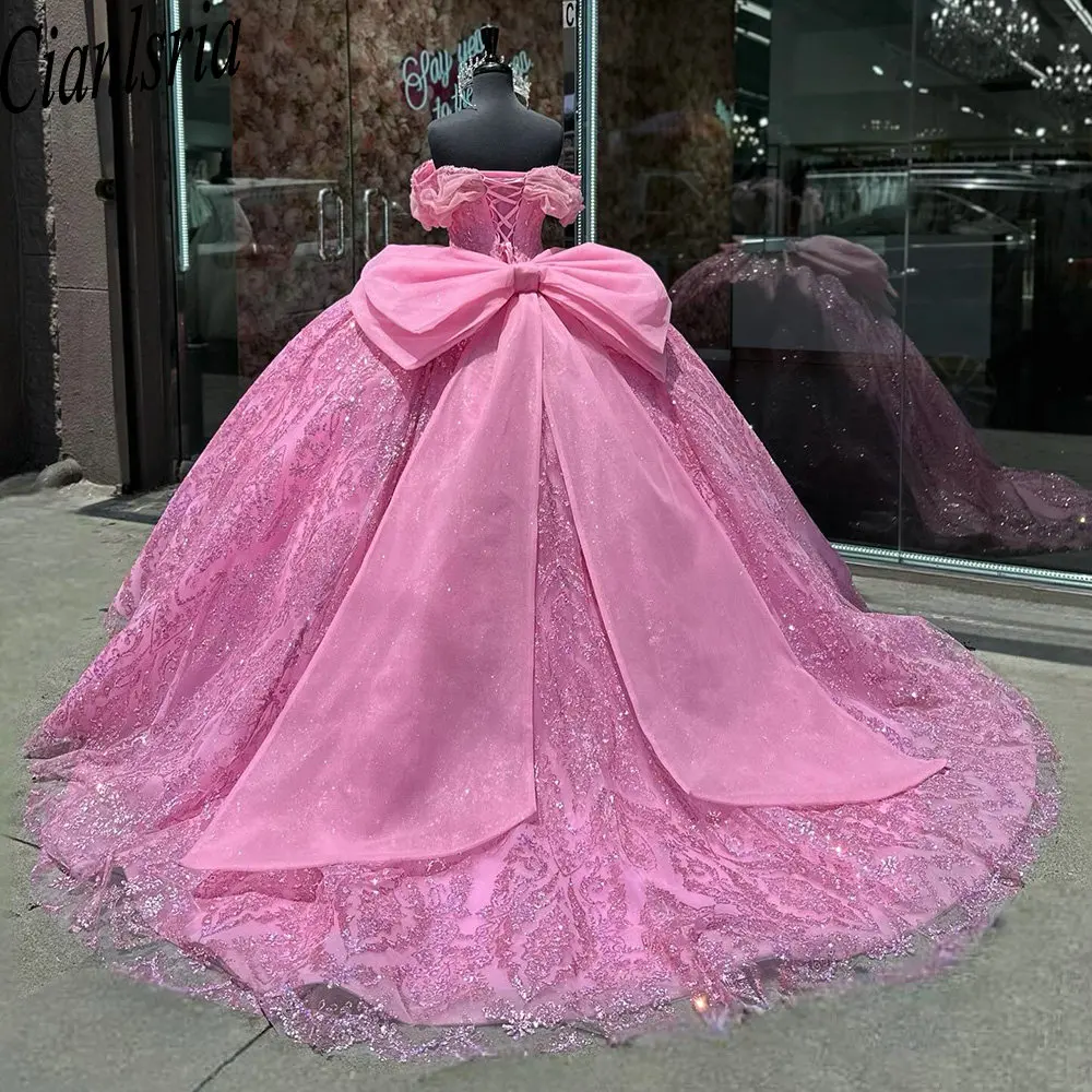 الكريستال مطرزة الدانتيل ثوب الكرة ، فساتين Quinceanera الوردي ، قبالة الكتف ، مشد القوس ، 15 عاما